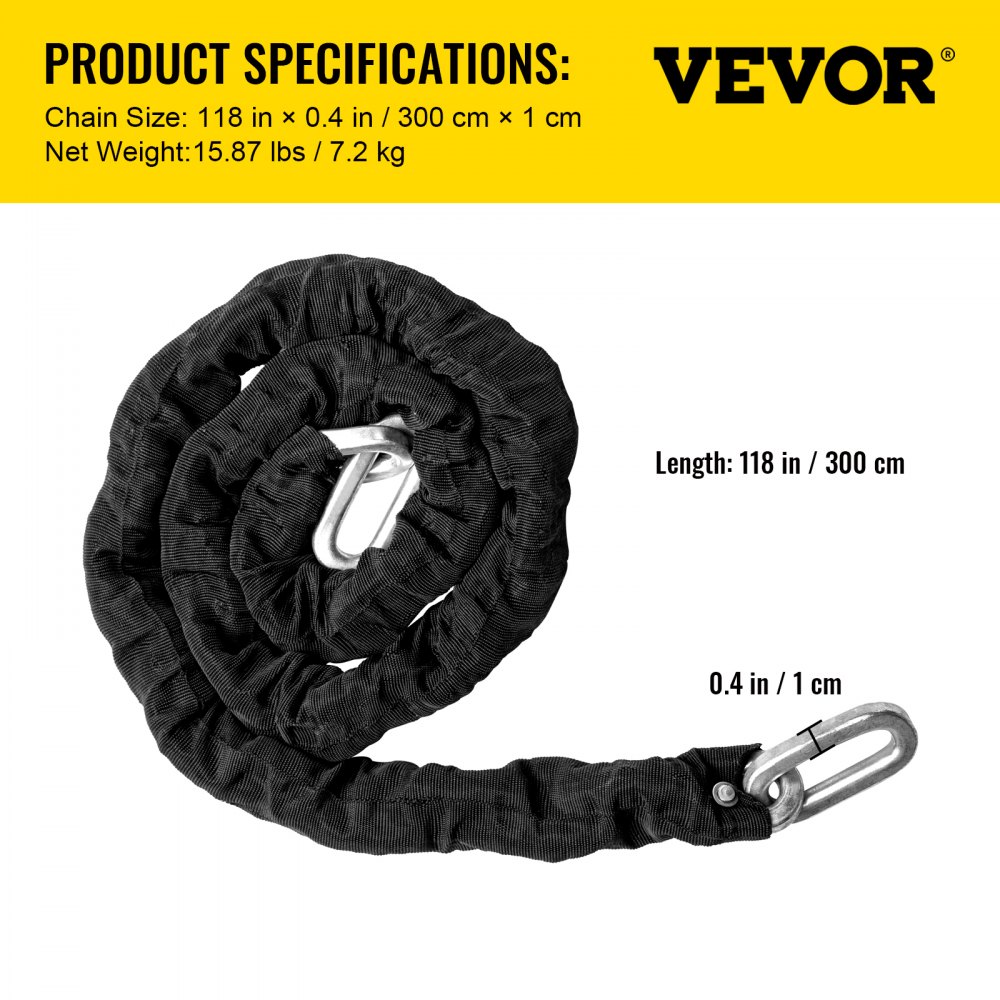 VEVOR Cerradura de Bloqueo Alta Seguridad 118" x 0,4" / 300 cm x 1 cm Candado Seguridad Resistente 6,5 kg, Candado de Cadena de Acero, Chaqueta Protectora Reforzada con Longitud Extendida y 3 Teclas