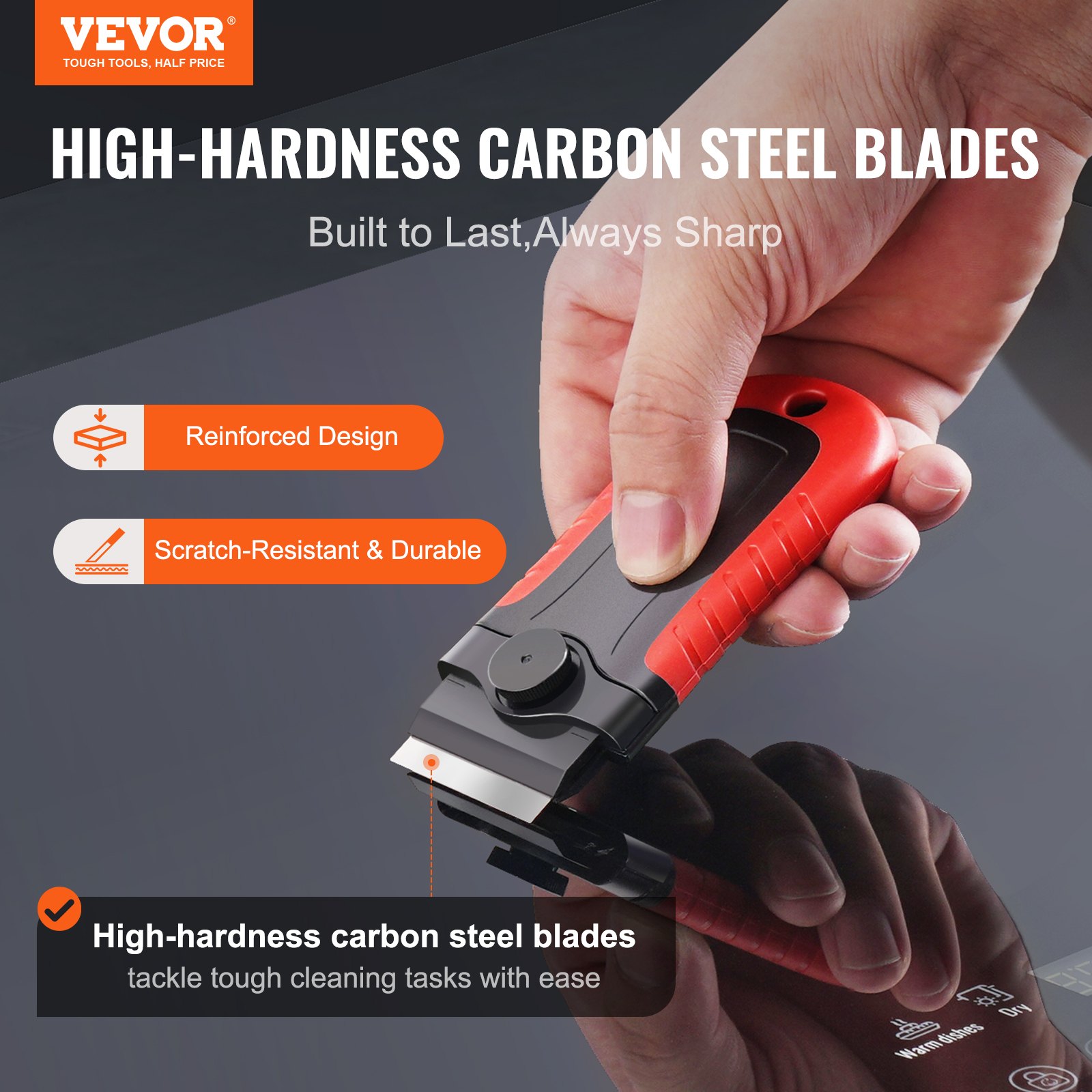 VEVOR Rascadores de Suelo con Mango Corto y 15 Cuchillas Adicionales, Bloqueo y Tapa de Seguridad, Cuchillas de Acero al Carbono y POM para Limpiar Etiquetas, Calcomanías, Ventanas, Estufas y Hornos