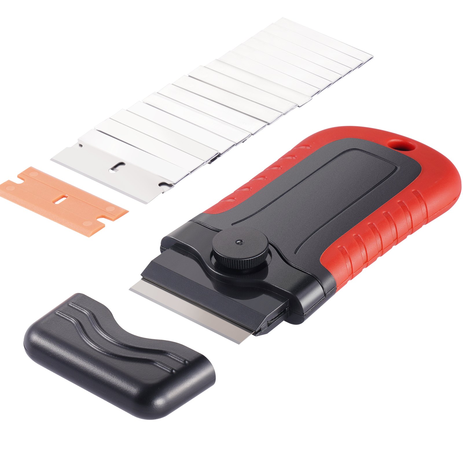 VEVOR Rascadores de Suelo con Mango Corto y 15 Cuchillas Adicionales, Bloqueo y Tapa de Seguridad, Cuchillas de Acero al Carbono y POM para Limpiar Etiquetas, Calcomanías, Ventanas, Estufas y Hornos