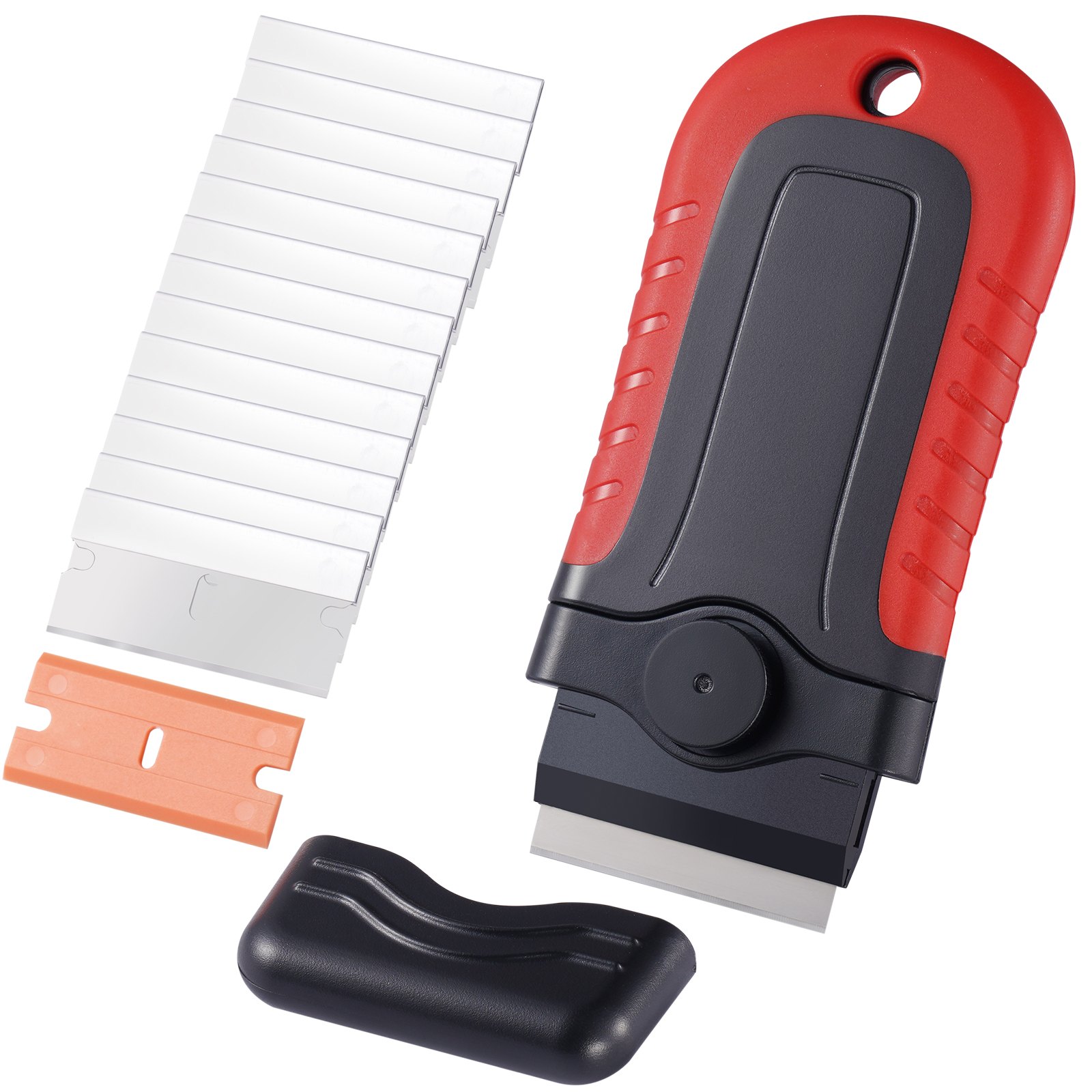 VEVOR Rascadores de Suelo con Mango Corto y 15 Cuchillas Adicionales, Bloqueo y Tapa de Seguridad, Cuchillas de Acero al Carbono y POM para Limpiar Etiquetas, Calcomanías, Ventanas, Estufas y Hornos