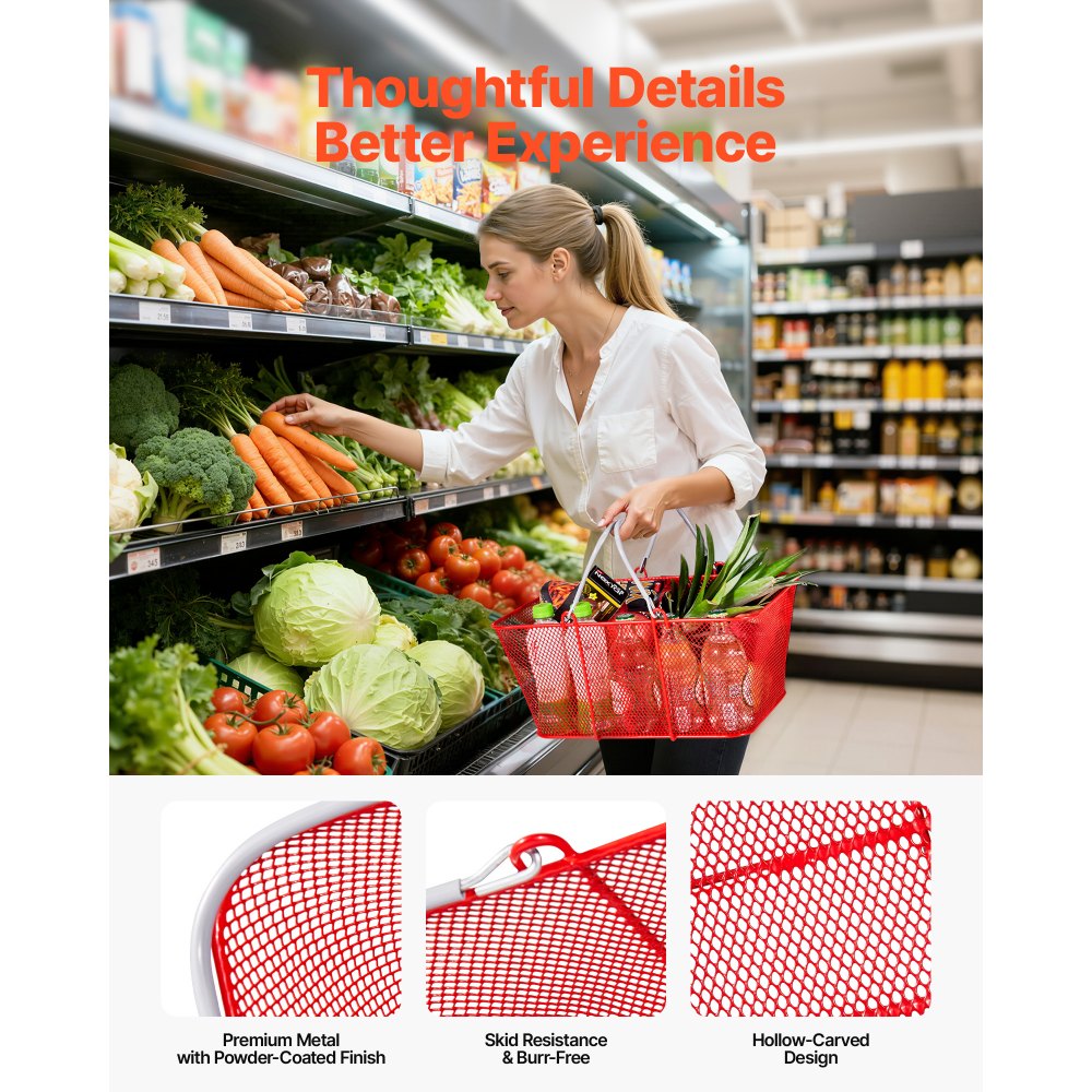 VEVOR Cestas de Compra con Asas 12 Piezas 42 x 32 x 19 cm, Apilables, de Metal, Estructura de Malla Densa, Capacidad de hasta 20 kg, para Supermercados, Tiendas, Librerías, Uso Doméstico, Rojo