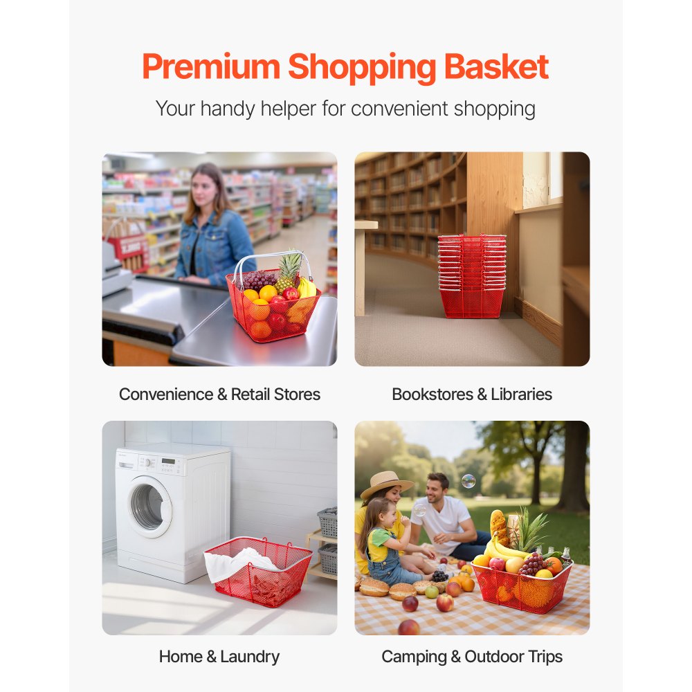 VEVOR Cestas de Compra con Asas 12 Piezas 42 x 32 x 19 cm, Apilables, de Metal, Estructura de Malla Densa, Capacidad de hasta 20 kg, para Supermercados, Tiendas, Librerías, Uso Doméstico, Rojo