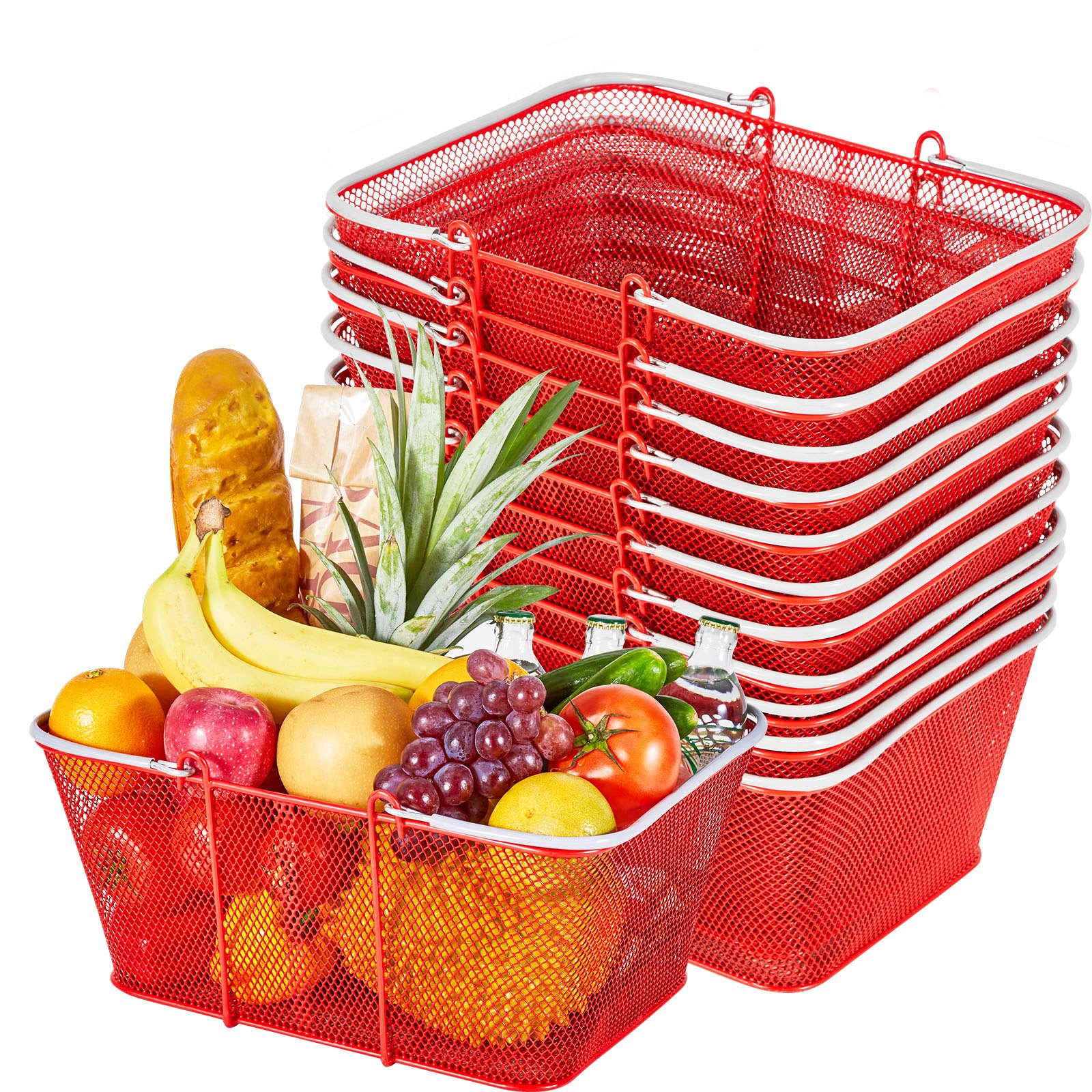 VEVOR Cestas de Compra con Asas 12 Piezas 42 x 32 x 19 cm, Apilables, de Metal, Estructura de Malla Densa, Capacidad de hasta 20 kg, para Supermercados, Tiendas, Librerías, Uso Doméstico, Rojo