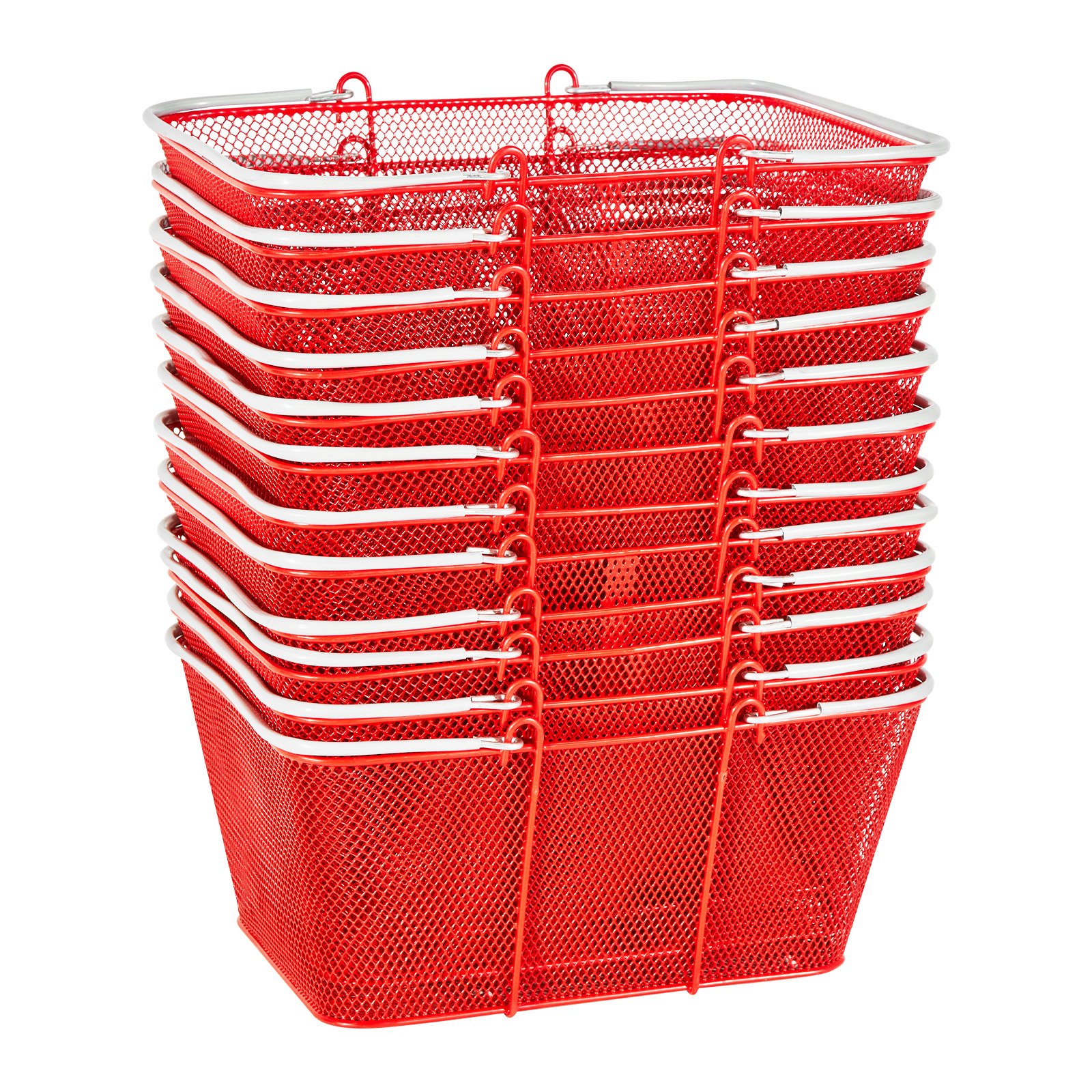 VEVOR Cestas de Compra con Asas 12 Piezas 42 x 32 x 19 cm, Apilables, de Metal, Estructura de Malla Densa, Capacidad de hasta 20 kg, para Supermercados, Tiendas, Librerías, Uso Doméstico, Rojo