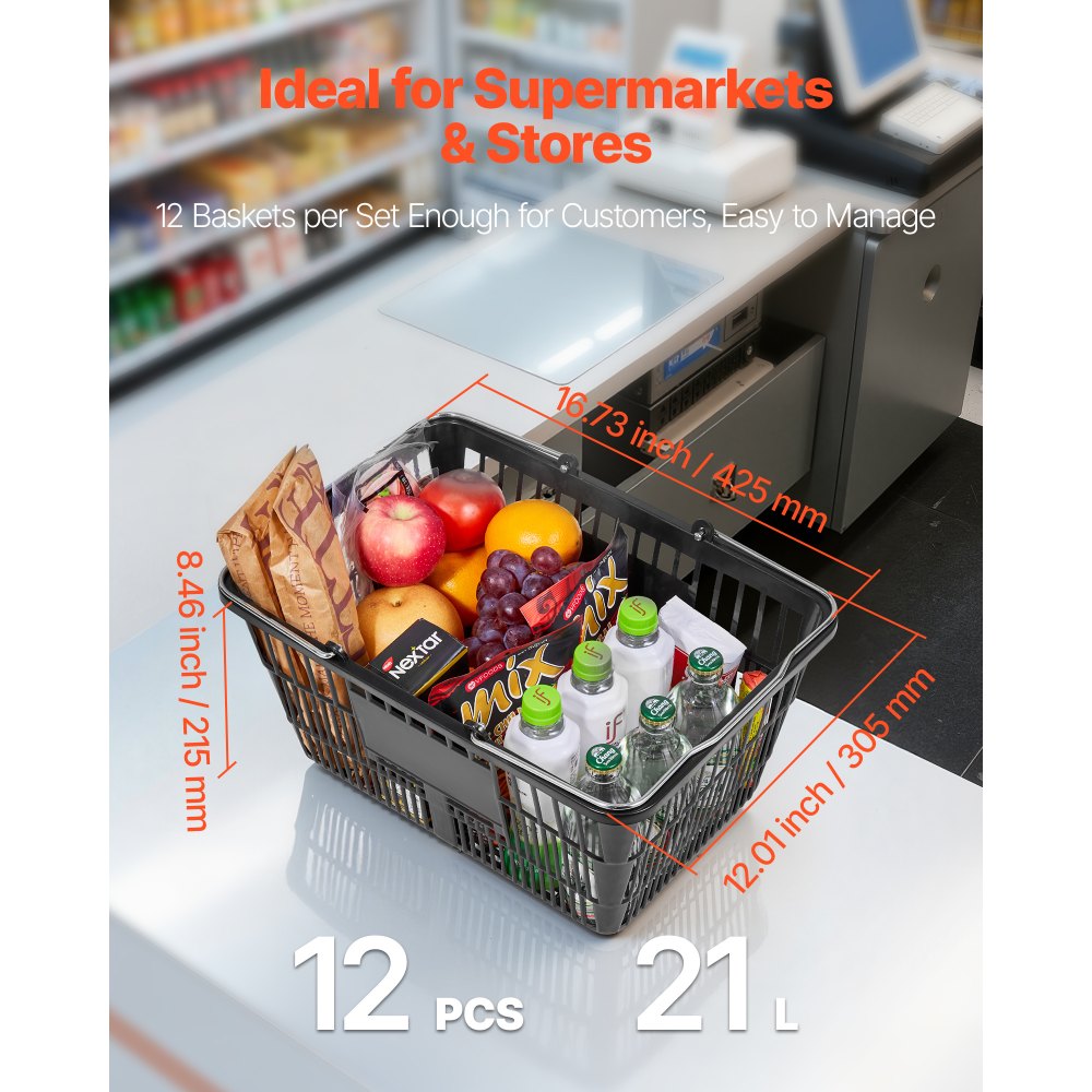 VEVOR Cestas de Compra con Asas 12 Piezas 42,5 x 30,5 x 21,5 cm Apilables, de Plástico PE, Estructura de Malla Densa, Capacidad de hasta 9,07 kg, para Supermercados, Tiendas, Uso Doméstico, Negro