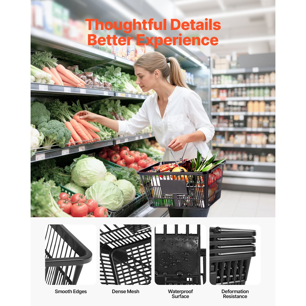 VEVOR Cestas de Compra con Asas 12 Piezas 42,5 x 30,5 x 21,5 cm Apilables, de Plástico PE, Estructura de Malla Densa, Capacidad de hasta 9,07 kg, para Supermercados, Tiendas, Uso Doméstico, Negro