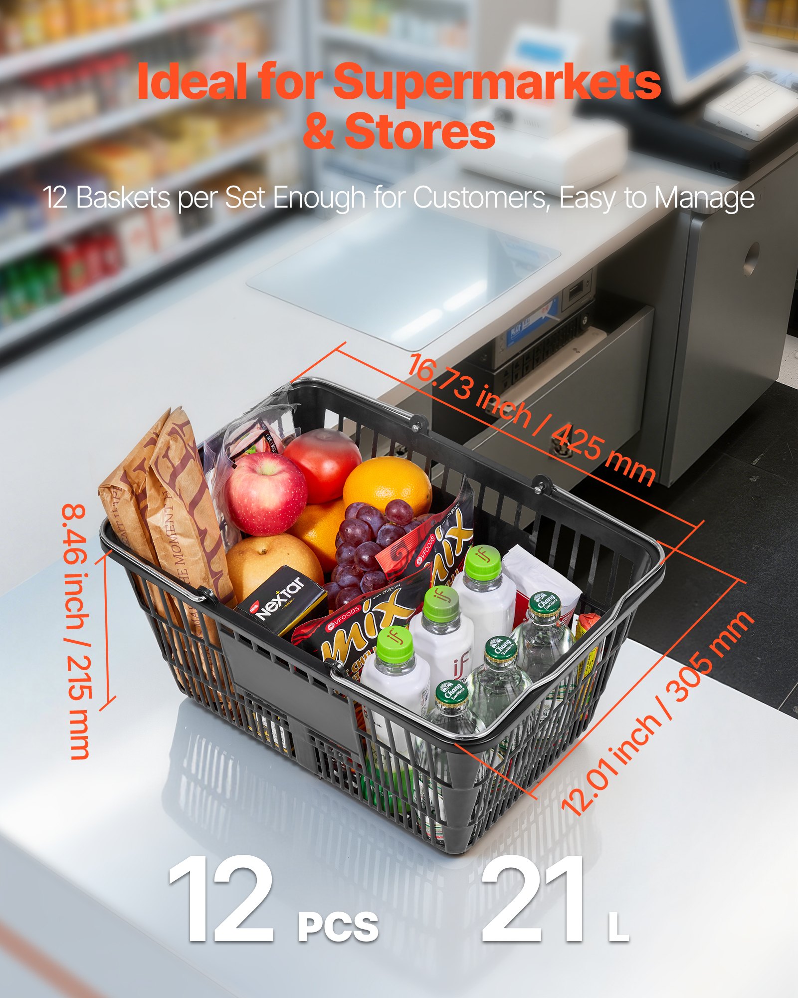 VEVOR Cestas de Compra con Asas 12 Piezas 42,5 x 30,5 x 21,5 cm Apilables, de Plástico PE, Estructura de Malla Densa, Capacidad de hasta 9,07 kg, para Supermercados, Tiendas, Uso Doméstico, Negro