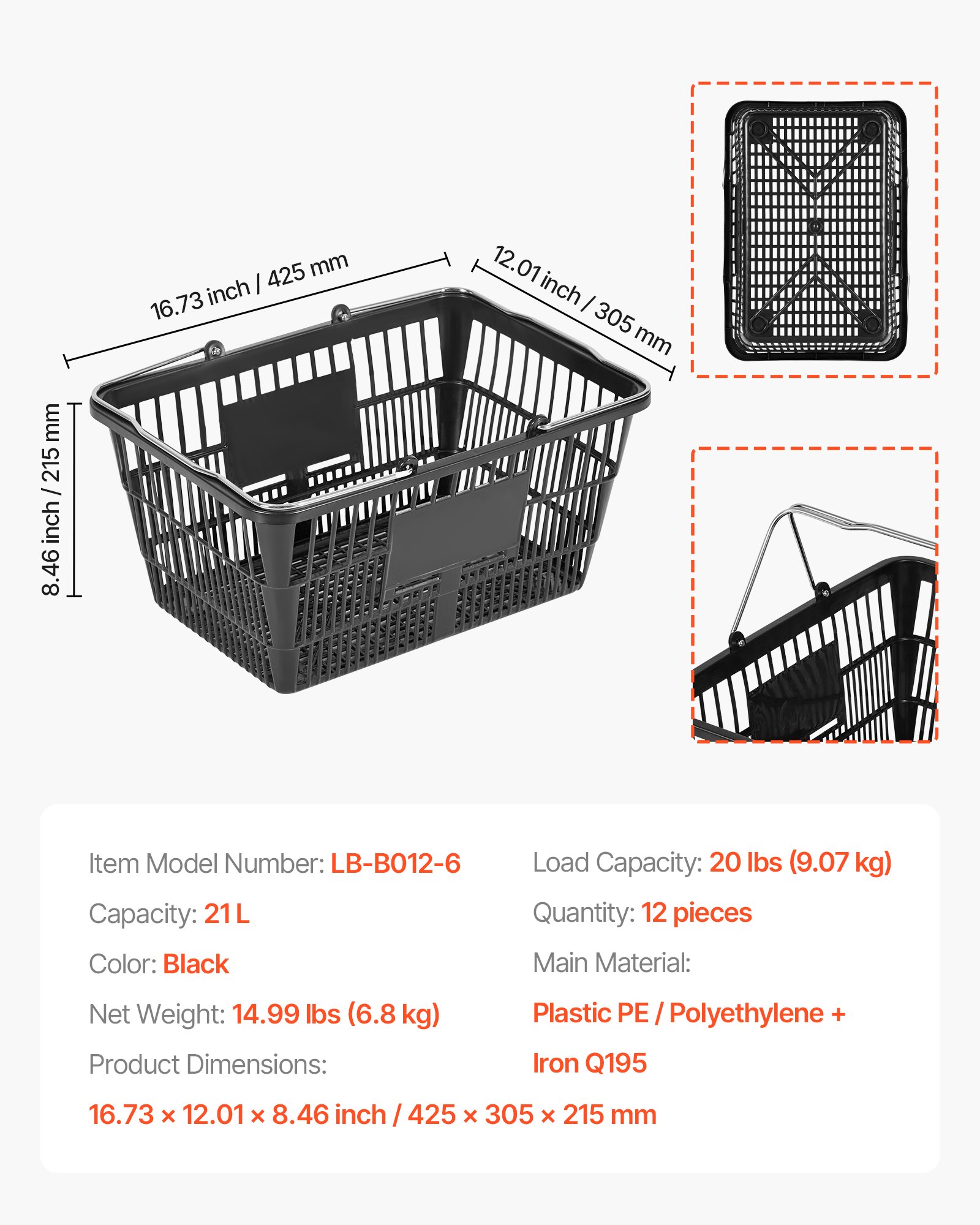 VEVOR Cestas de Compra con Asas 12 Piezas 42,5 x 30,5 x 21,5 cm Apilables, de Plástico PE, Estructura de Malla Densa, Capacidad de hasta 9,07 kg, para Supermercados, Tiendas, Uso Doméstico, Negro