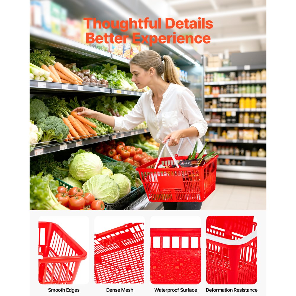 VEVOR Cestas de la Compra con Asas, 20 Unidades, 21 L, Cestas de Supermercado Apilables de Plástico PE, Estructura de Malla Densa, Capacidad hasta 9 kg para Tienda, Mercado o Hogar, Color Rojo
