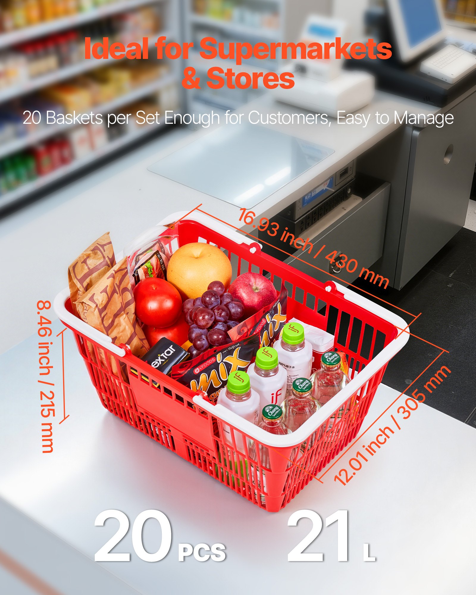 VEVOR Cestas de la Compra con Asas, 20 Unidades, 21 L, Cestas de Supermercado Apilables de Plástico PE, Estructura de Malla Densa, Capacidad hasta 9 kg para Tienda, Mercado o Hogar, Color Rojo
