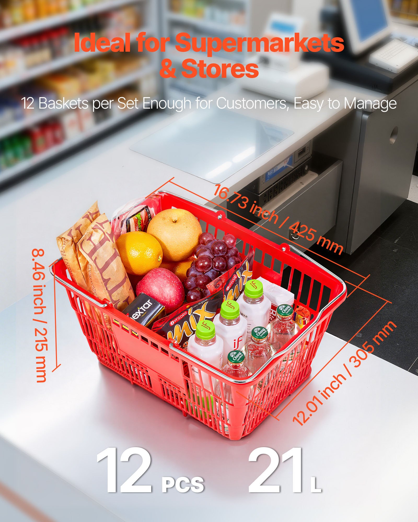 VEVOR Cestas de la Compra Apilables, Plástico PE, 21 L, con Asas Metálicas, Estructura de Malla Densa, Carga 9,07 kg, para Supermercados, Tiendas, Tiendas Minoristas y Uso Doméstico, Rojo, 12 uds