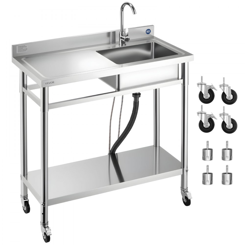 VEVOR Fregadero de Acero Inoxidable, 1000 x 500 x 1055 mm, de Un Seno con Grifo y Ruedas, Fregadero de Cocina para Garaje, Restaurante, Lavandería, Lavabo Exterior con Encimera Izquierda, Plata