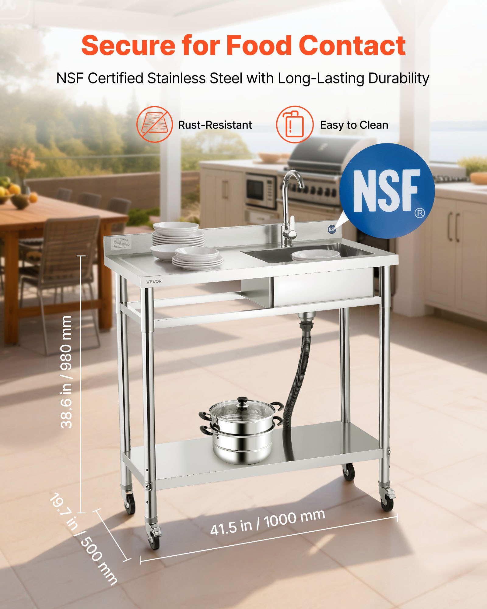 VEVOR Fregadero de Acero Inoxidable, 1000 x 500 x 1055 mm, de Un Seno con Grifo y Ruedas, Fregadero de Cocina para Garaje, Restaurante, Lavandería, Lavabo Exterior con Encimera Izquierda, Plata