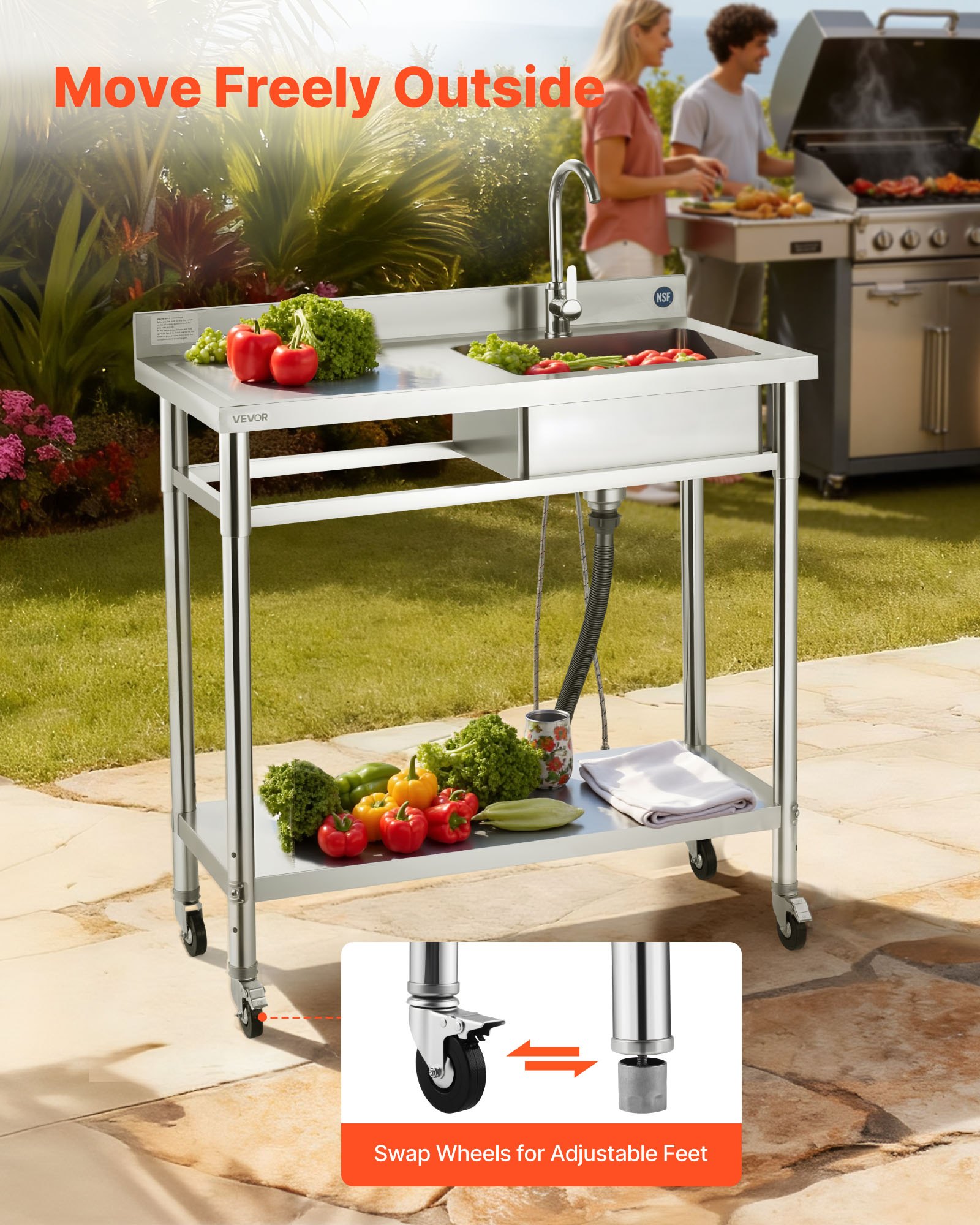 VEVOR Fregadero de Acero Inoxidable, 1000 x 500 x 1055 mm, de Un Seno con Grifo y Ruedas, Fregadero de Cocina para Garaje, Restaurante, Lavandería, Lavabo Exterior con Encimera Izquierda, Plata