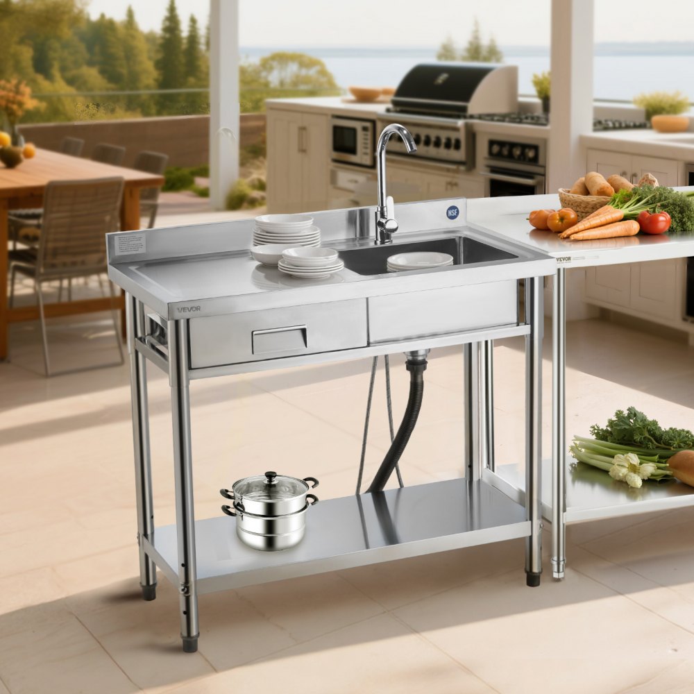 VEVOR Mueble de Fregadero de Acero Inoxidable, 100 x 50 x 94 cm, un Seno con Grifo y Cajón, con Patas Ajustables, para Garaje, Restaurante, Lavandería, Lavabo Exterior con Encimera Izquierda