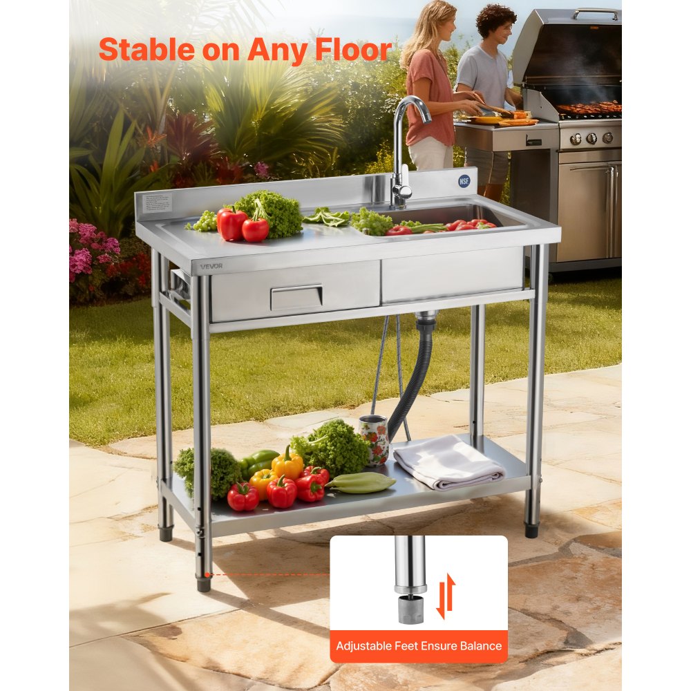 VEVOR Mueble de Fregadero de Acero Inoxidable, 100 x 50 x 94 cm, un Seno con Grifo y Cajón, con Patas Ajustables, para Garaje, Restaurante, Lavandería, Lavabo Exterior con Encimera Izquierda