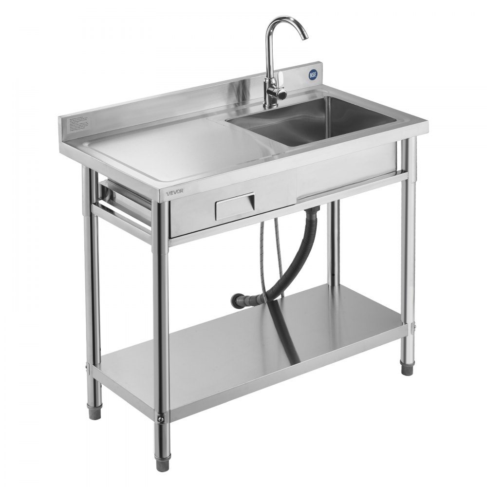 VEVOR Mueble de Fregadero de Acero Inoxidable, 100 x 50 x 94 cm, un Seno con Grifo y Cajón, con Patas Ajustables, para Garaje, Restaurante, Lavandería, Lavabo Exterior con Encimera Izquierda