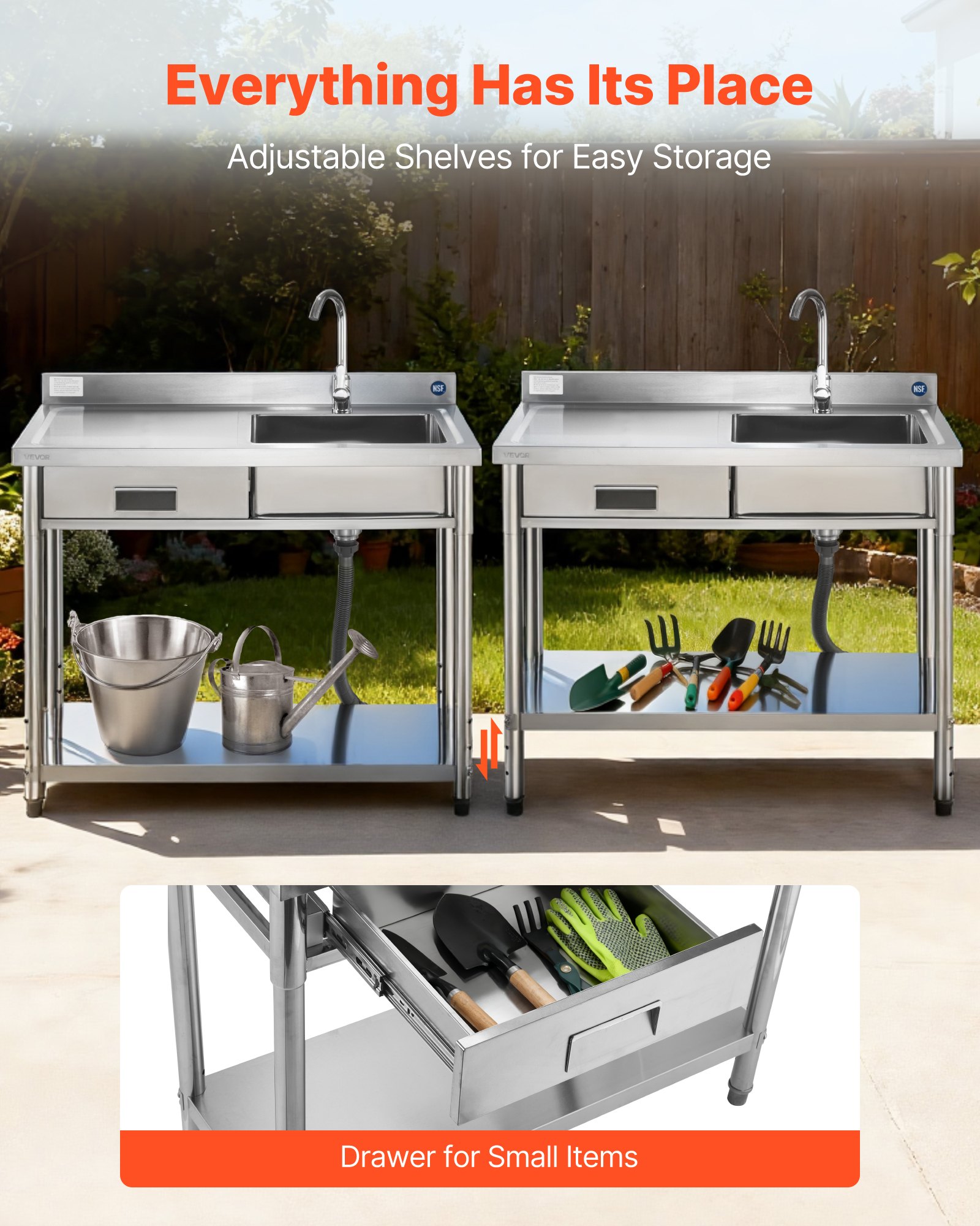 VEVOR Mueble de Fregadero de Acero Inoxidable, 100 x 50 x 94 cm, un Seno con Grifo y Cajón, con Patas Ajustables, para Garaje, Restaurante, Lavandería, Lavabo Exterior con Encimera Izquierda