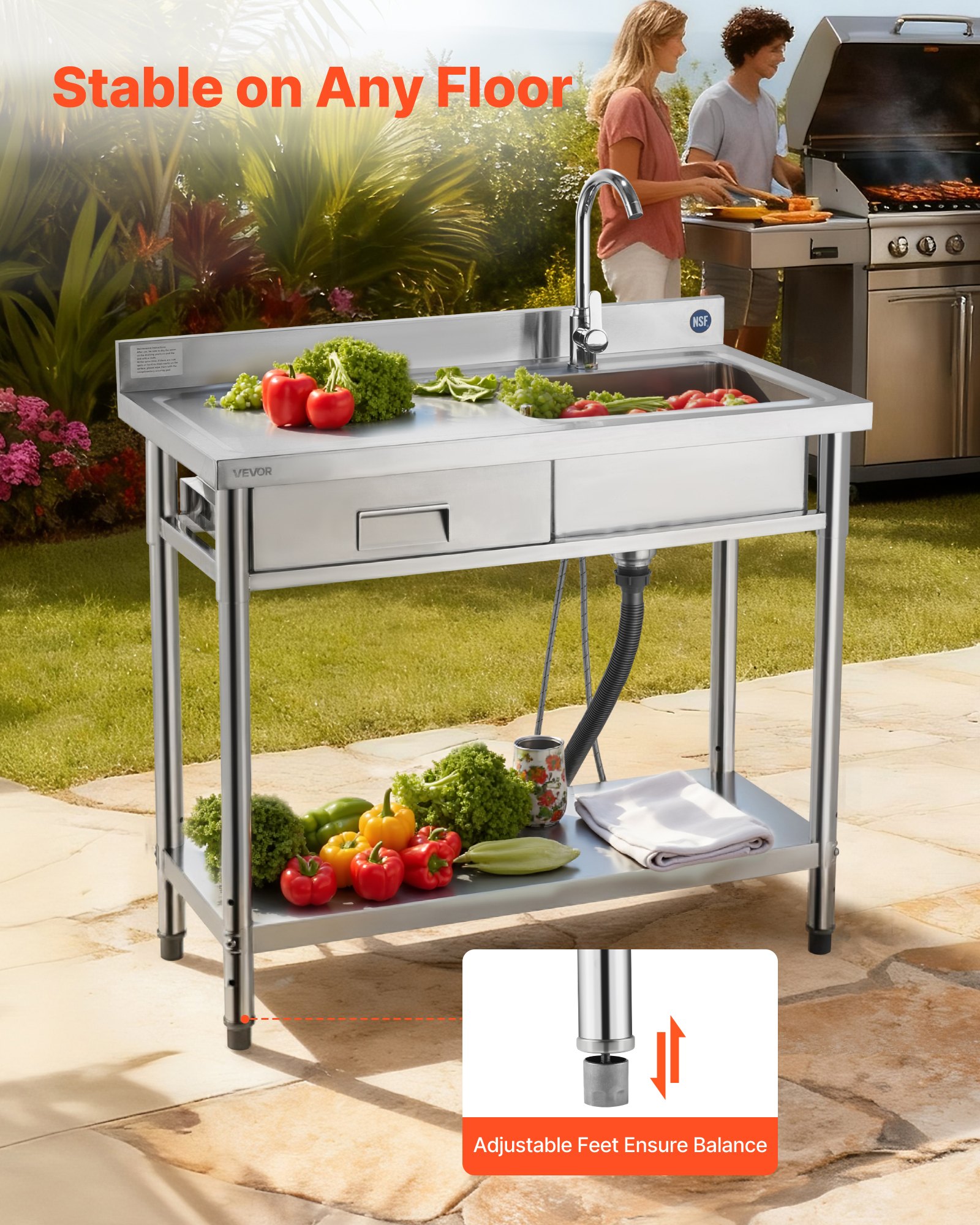 VEVOR Mueble de Fregadero de Acero Inoxidable, 100 x 50 x 94 cm, un Seno con Grifo y Cajón, con Patas Ajustables, para Garaje, Restaurante, Lavandería, Lavabo Exterior con Encimera Izquierda