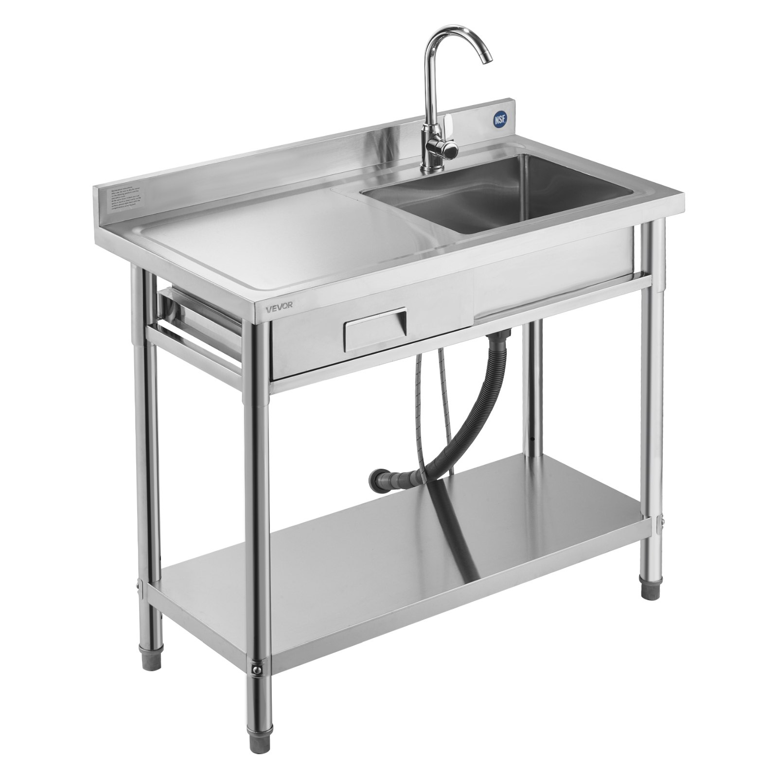 VEVOR Mueble de Fregadero de Acero Inoxidable, 100 x 50 x 94 cm, un Seno con Grifo y Cajón, con Patas Ajustables, para Garaje, Restaurante, Lavandería, Lavabo Exterior con Encimera Izquierda