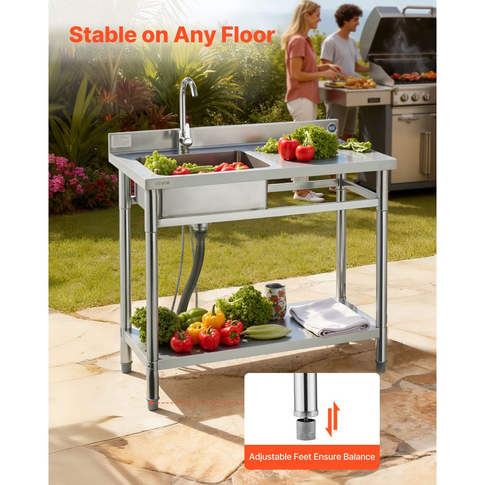 VEVOR Fregadero de Cocina Utilitario de Acero Inoxidable, con Cubeta Izquierda, Incluye Grifo y Tuberías para Agua Fría y Caliente, para Garaje, Restaurante, Lavandería, 100 x 50 x 94 cm, Plata