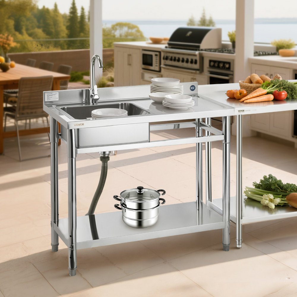VEVOR Fregadero de Cocina Utilitario de Acero Inoxidable, con Cubeta Izquierda, Incluye Grifo y Tuberías para Agua Fría y Caliente, para Garaje, Restaurante, Lavandería, 100 x 50 x 94 cm, Plata