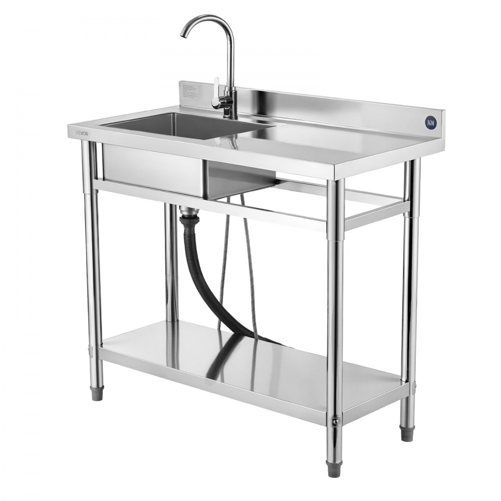 VEVOR Fregadero de Cocina Utilitario de Acero Inoxidable, con Cubeta Izquierda, Incluye Grifo y Tuberías para Agua Fría y Caliente, para Garaje, Restaurante, Lavandería, 100 x 50 x 94 cm, Plata