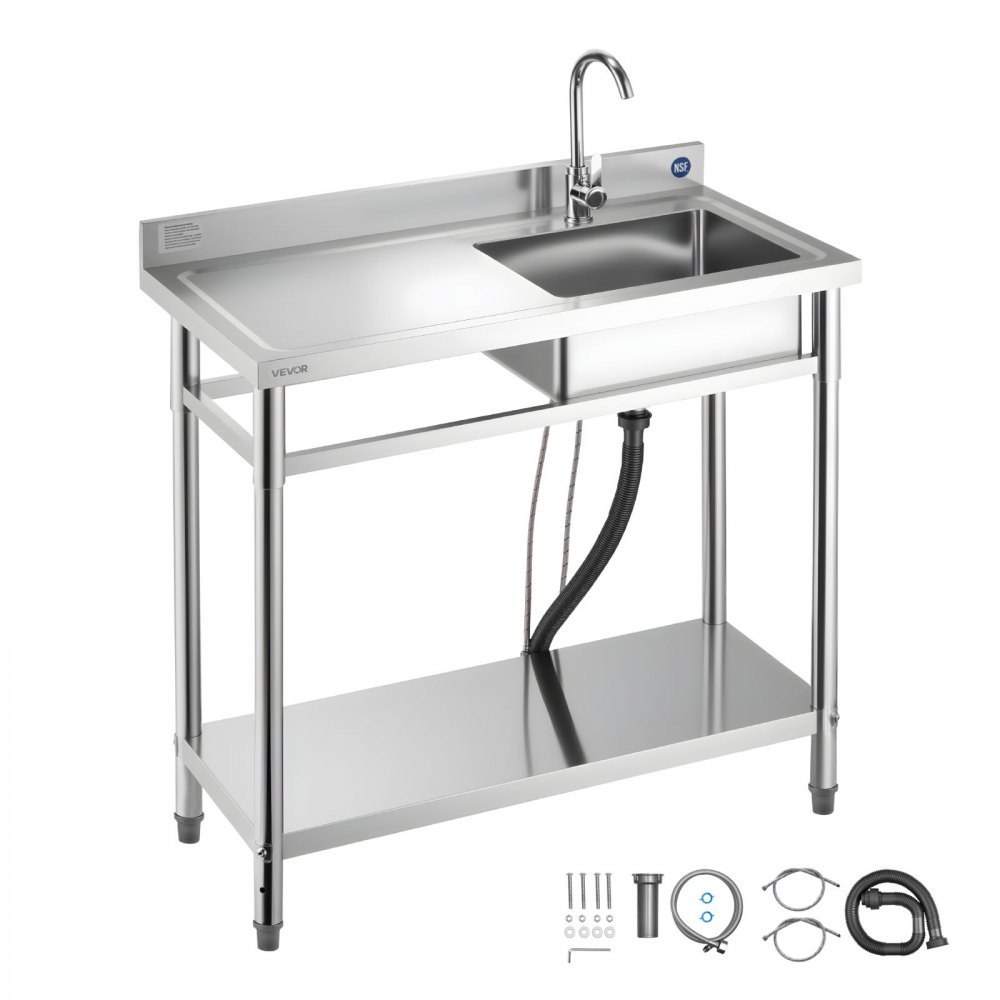 VEVOR Fregadero de Acero Inoxidable, 100 x 50 x 94 cm, con Un Tubo Corto y Una Manguera Larga, para Garaje, Restaurante, Lavandería, Lavabo Exterior con Encimera Izquierda, con Acabado Cepillado