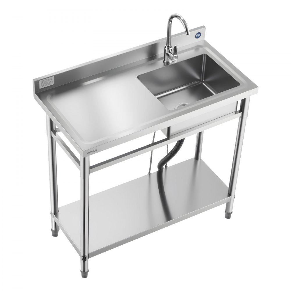 VEVOR Fregadero de Acero Inoxidable, 100 x 50 x 94 cm, con Un Tubo Corto y Una Manguera Larga, para Garaje, Restaurante, Lavandería, Lavabo Exterior con Encimera Izquierda, con Acabado Cepillado