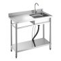 VEVOR Fregadero de Acero Inoxidable, 100 x 50 x 94 cm, con Un Tubo Corto y Una Manguera Larga, para Garaje, Restaurante, Lavandería, Lavabo Exterior con Encimera Izquierda, con Acabado Cepillado