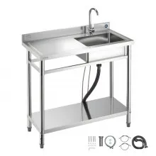 VEVOR Fregadero de Acero Inoxidable, 100 x 50 x 94 cm, con Un Tubo Corto y Una Manguera Larga, para Garaje, Restaurante, Lavandería, Lavabo Exterior con Encimera Izquierda, con Acabado Cepillado