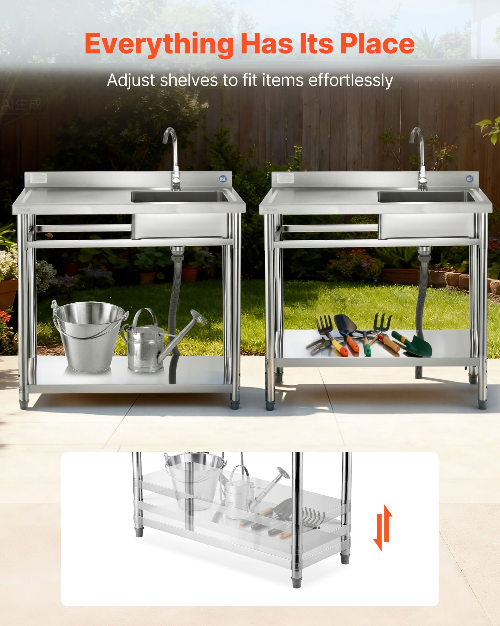 VEVOR Fregadero de Acero Inoxidable, 100 x 50 x 94 cm, con Un Tubo Corto y Una Manguera Larga, para Garaje, Restaurante, Lavandería, Lavabo Exterior con Encimera Izquierda, con Acabado Cepillado