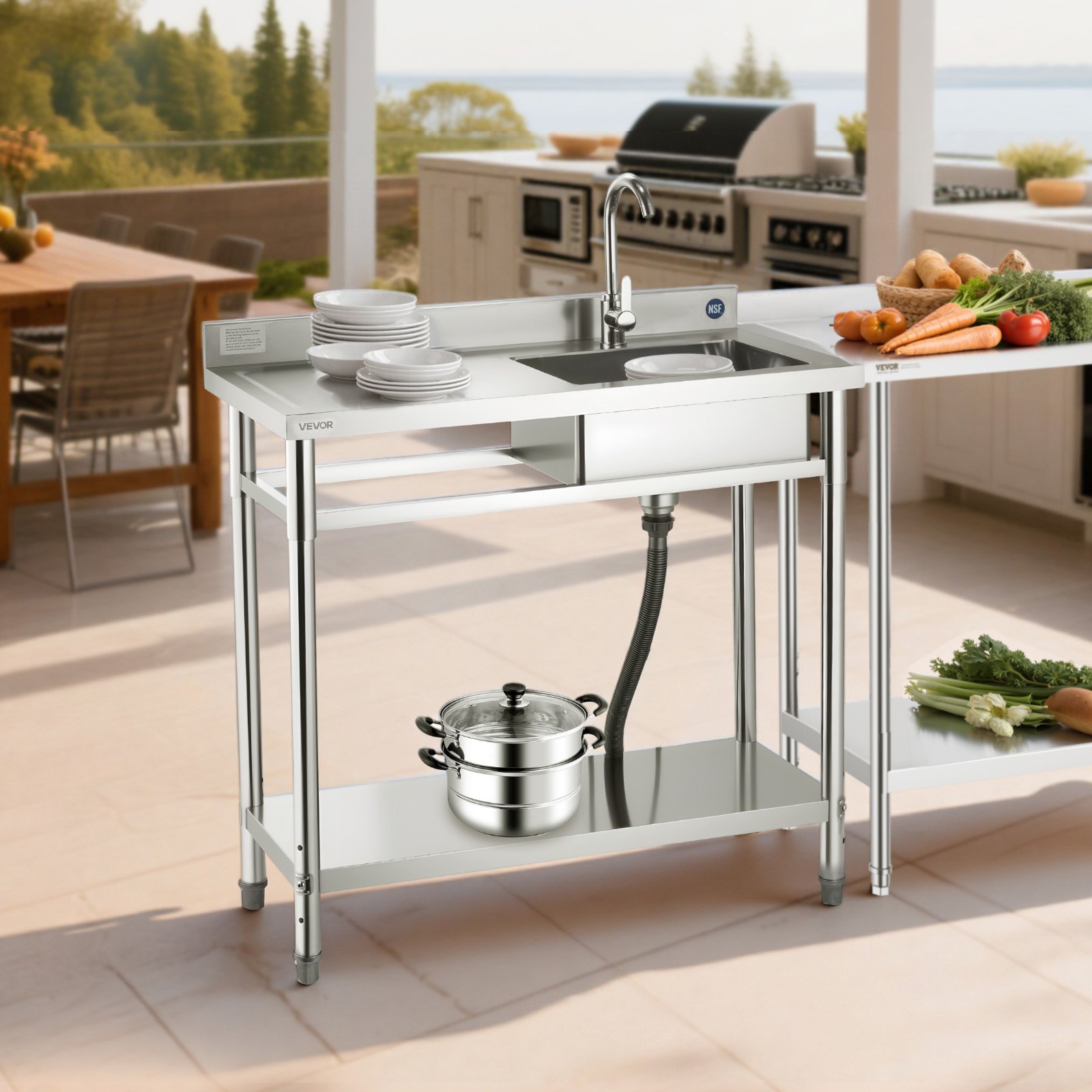 VEVOR Fregadero de Acero Inoxidable, 100 x 50 x 94 cm, con Un Tubo Corto y Una Manguera Larga, para Garaje, Restaurante, Lavandería, Lavabo Exterior con Encimera Izquierda, con Acabado Cepillado