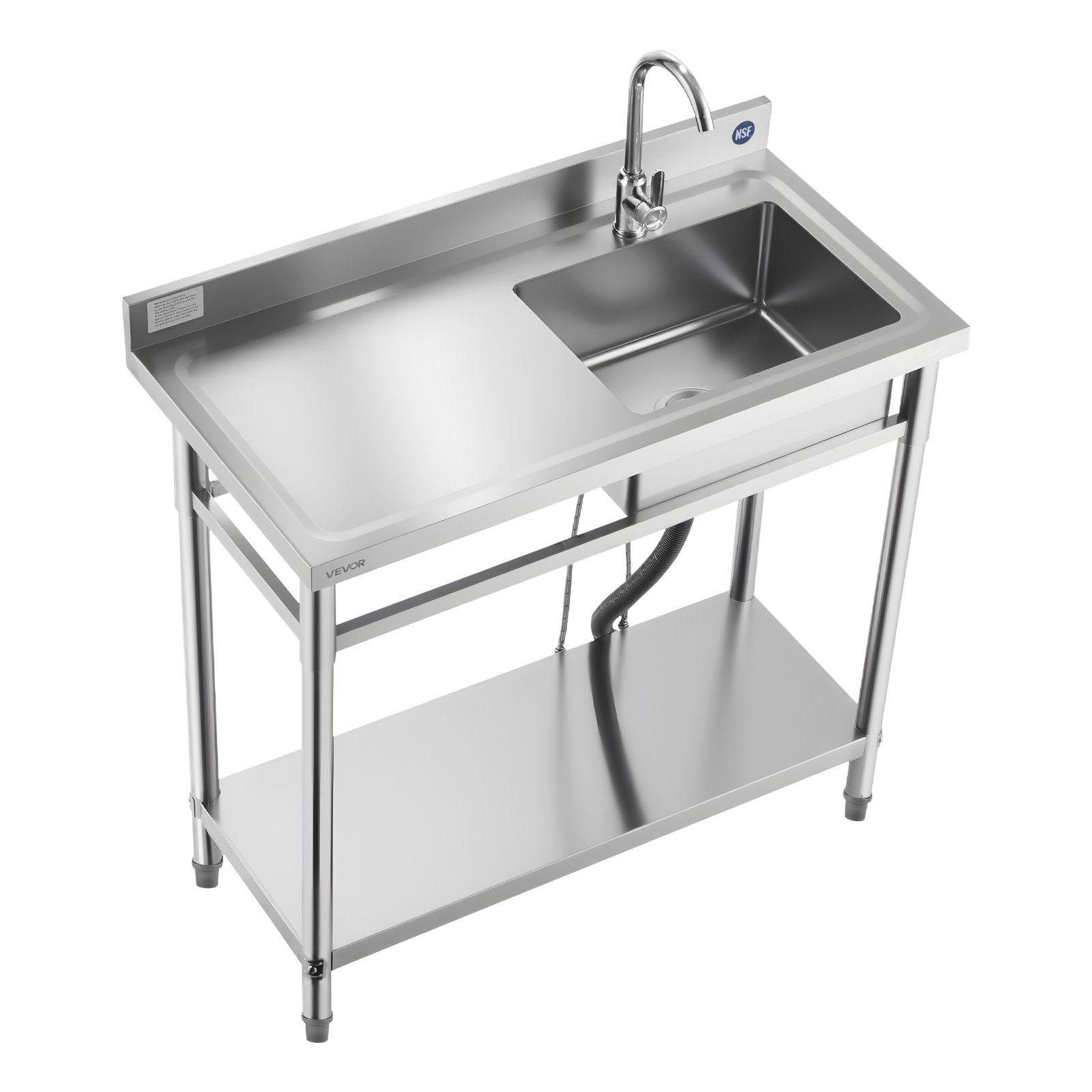 VEVOR Fregadero de Acero Inoxidable, 100 x 50 x 94 cm, con Un Tubo Corto y Una Manguera Larga, para Garaje, Restaurante, Lavandería, Lavabo Exterior con Encimera Izquierda, con Acabado Cepillado