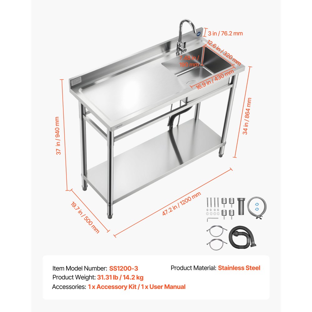 VEVOR Fregadero de Acero Inoxidable, 120 x 50 x 94 cm, Un Seno con Grifo de Agua Caliente y Fría y Estante, para Garaje, Restaurante, Lavandería, Lavabo Exterior con Encimera Izquierda, Plata