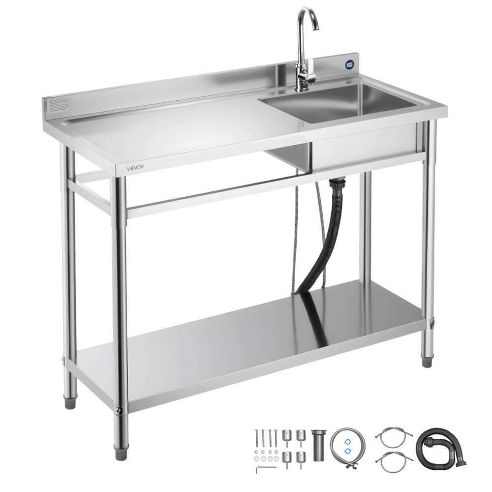 VEVOR Fregadero de Acero Inoxidable, 120 x 50 x 94 cm, Un Seno con Grifo de Agua Caliente y Fría y Estante, para Garaje, Restaurante, Lavandería, Lavabo Exterior con Encimera Izquierda, Plata