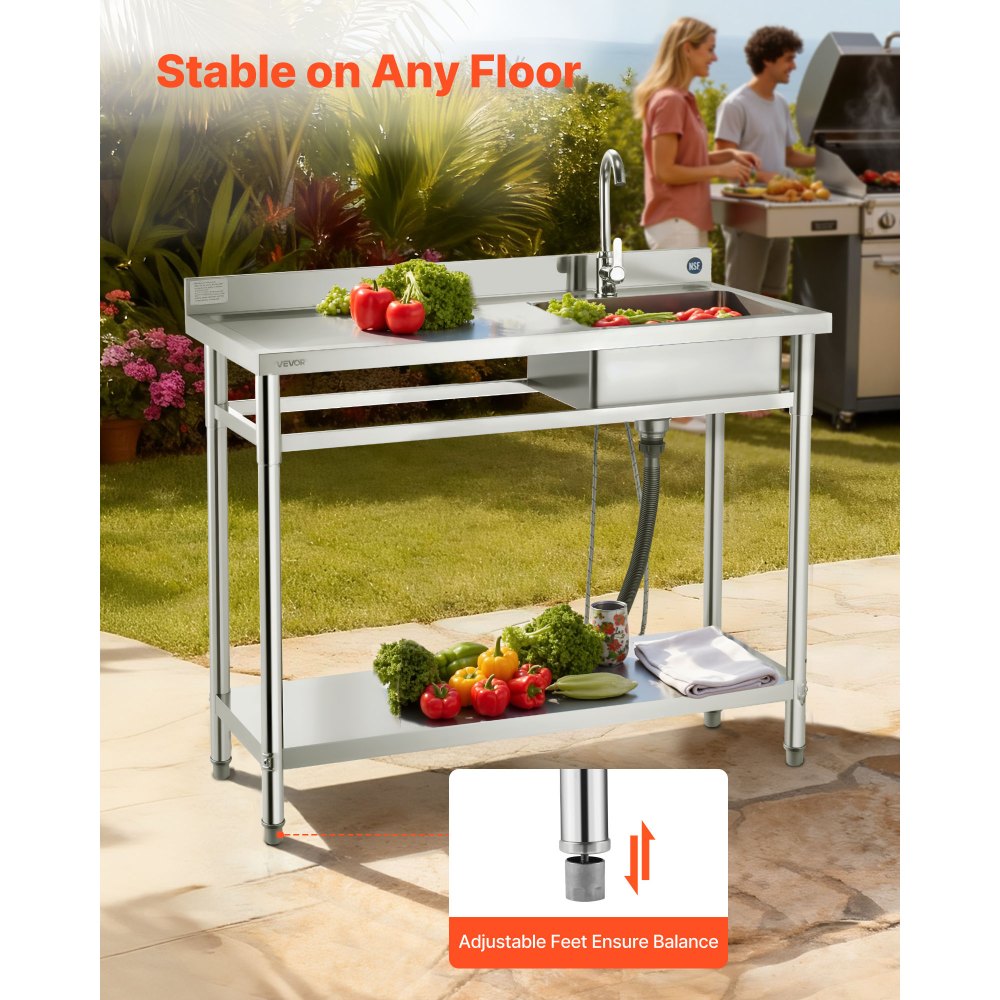 VEVOR Fregadero de Acero Inoxidable, 120 x 50 x 94 cm, Un Seno con Grifo de Agua Caliente y Fría y Estante, para Garaje, Restaurante, Lavandería, Lavabo Exterior con Encimera Izquierda, Plata