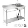 VEVOR Fregadero de Acero Inoxidable, 120 x 50 x 94 cm, Un Seno con Grifo de Agua Caliente y Fría y Estante, para Garaje, Restaurante, Lavandería, Lavabo Exterior con Encimera Izquierda, Plata