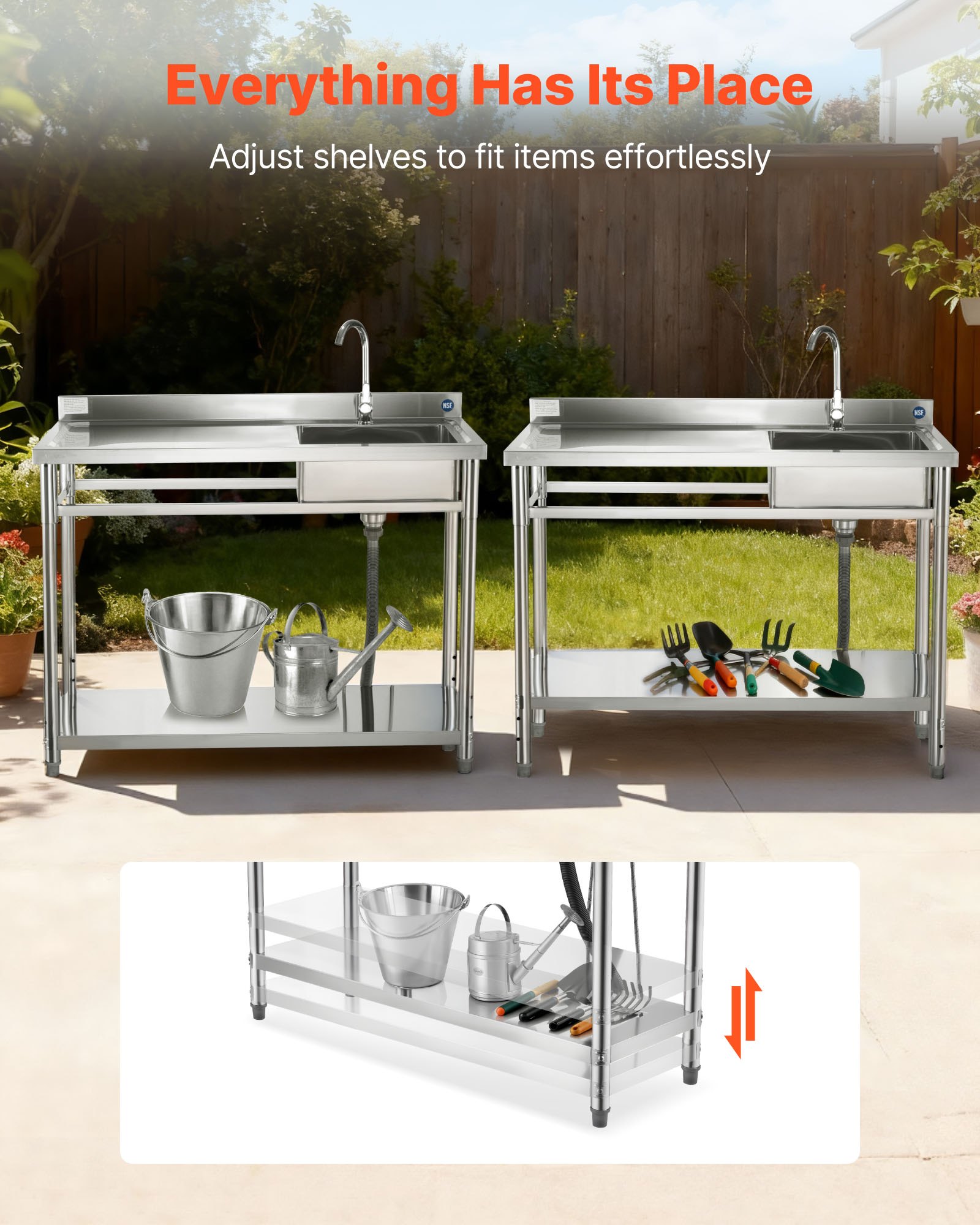 VEVOR Fregadero de Acero Inoxidable, 120 x 50 x 94 cm, Un Seno con Grifo de Agua Caliente y Fría y Estante, para Garaje, Restaurante, Lavandería, Lavabo Exterior con Encimera Izquierda, Plata