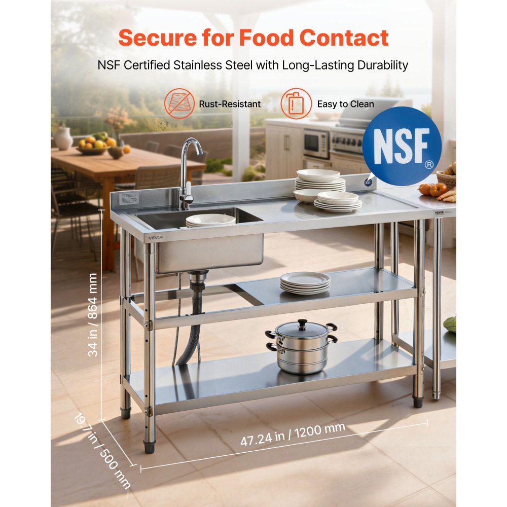 VEVOR Fregadero de Acero Inoxidable, 120 x 50 x 94 cm, Un Seno con Grifo Agua Caliente y Fría y 2 Compartimentos de Almacenamiento, para Garaje o Restaurante, Lavabo Exterior con Encimera Derecha