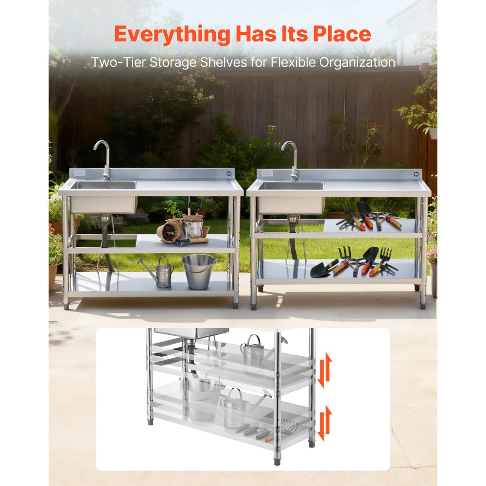 VEVOR Stainless Steel Utility Sink, Free Standing Single Bowl Commercial Kitchen Sink with Faucet and Hot & Cold Water Pipe, Dual Storage Shelves for Garage, Restaurant, Laundry, 1200 x 500 x 940 mm