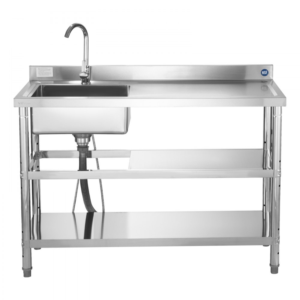 VEVOR Stainless Steel Utility Sink, Free Standing Single Bowl Commercial Kitchen Sink with Faucet and Hot & Cold Water Pipe, Dual Storage Shelves for Garage, Restaurant, Laundry, 1200 x 500 x 940 mm