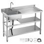 VEVOR Fregadero de Acero Inoxidable, 120 x 50 x 94 cm, Un Seno con Grifo Agua Caliente y Fría y 2 Compartimentos de Almacenamiento, para Garaje o Restaurante, Lavabo Exterior con Encimera Derecha