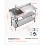 VEVOR Stainless Steel Utility Sink, Free Standing Single Bowl Commercial Kitchen Sink with Faucet and Hot & Cold Water Pipe, Dual Storage Shelves for Garage, Restaurant, Laundry, 1200 x 500 x 940 mm