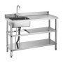 VEVOR Fregadero de Acero Inoxidable, 120 x 50 x 94 cm, Un Seno con Grifo Agua Caliente y Fría y 2 Compartimentos de Almacenamiento, para Garaje o Restaurante, Lavabo Exterior con Encimera Derecha