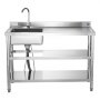 VEVOR Fregadero de Acero Inoxidable, 120 x 50 x 94 cm, Un Seno con Grifo Agua Caliente y Fría y 2 Compartimentos de Almacenamiento, para Garaje o Restaurante, Lavabo Exterior con Encimera Derecha