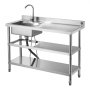 VEVOR Fregadero de Acero Inoxidable, 120 x 50 x 94 cm, Un Seno con Grifo Agua Caliente y Fría y 2 Compartimentos de Almacenamiento, para Garaje o Restaurante, Lavabo Exterior con Encimera Derecha