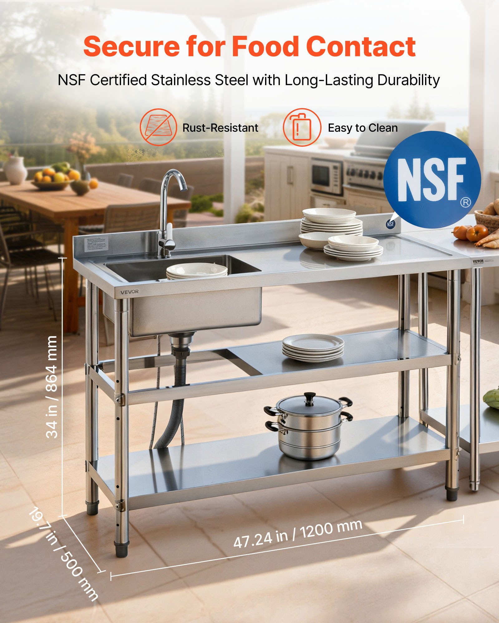 VEVOR Stainless Steel Utility Sink, Free Standing Single Bowl Commercial Kitchen Sink with Faucet and Hot & Cold Water Pipe, Dual Storage Shelves for Garage, Restaurant, Laundry, 1200 x 500 x 940 mm
