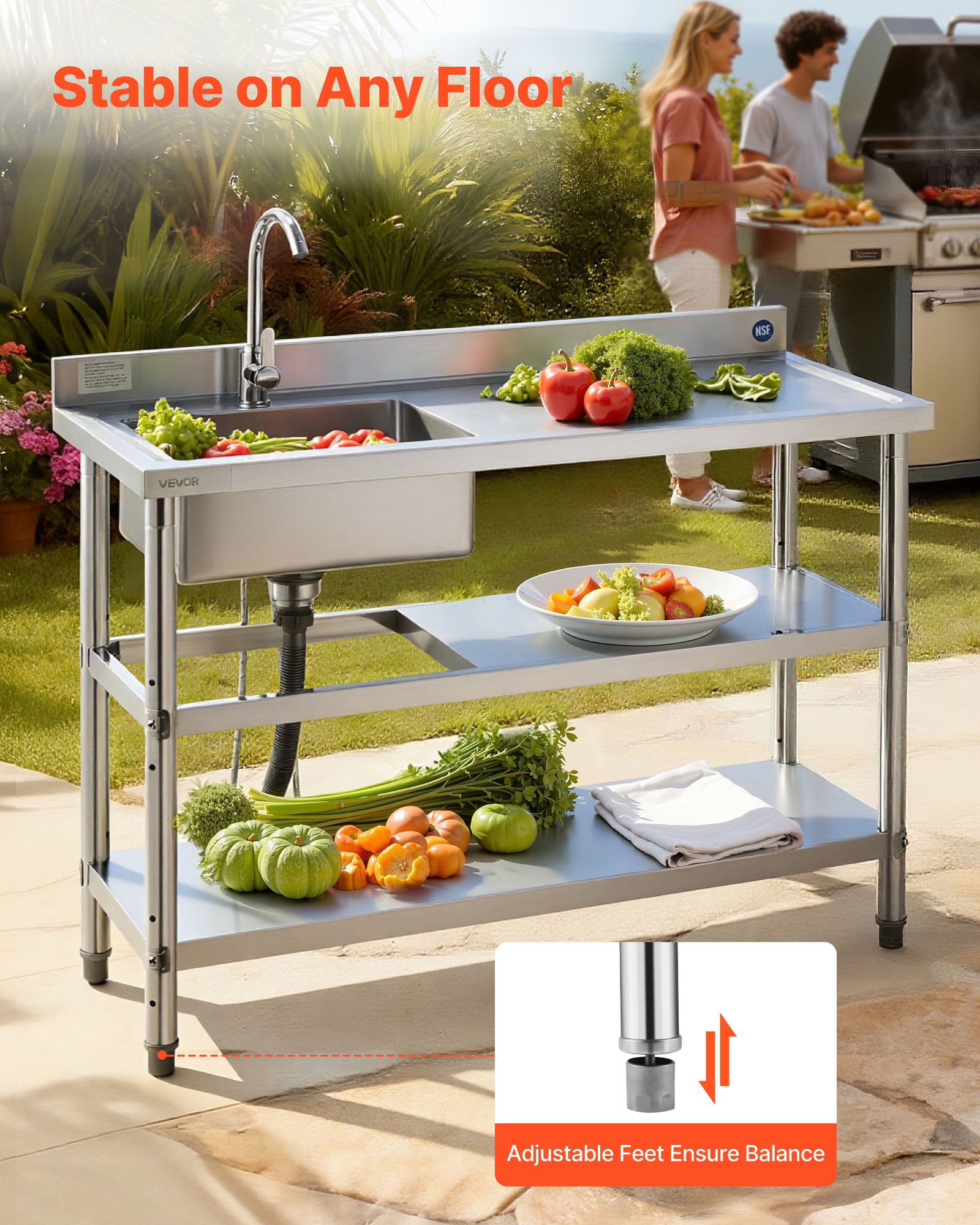 VEVOR Stainless Steel Utility Sink, Free Standing Single Bowl Commercial Kitchen Sink with Faucet and Hot & Cold Water Pipe, Dual Storage Shelves for Garage, Restaurant, Laundry, 1200 x 500 x 940 mm