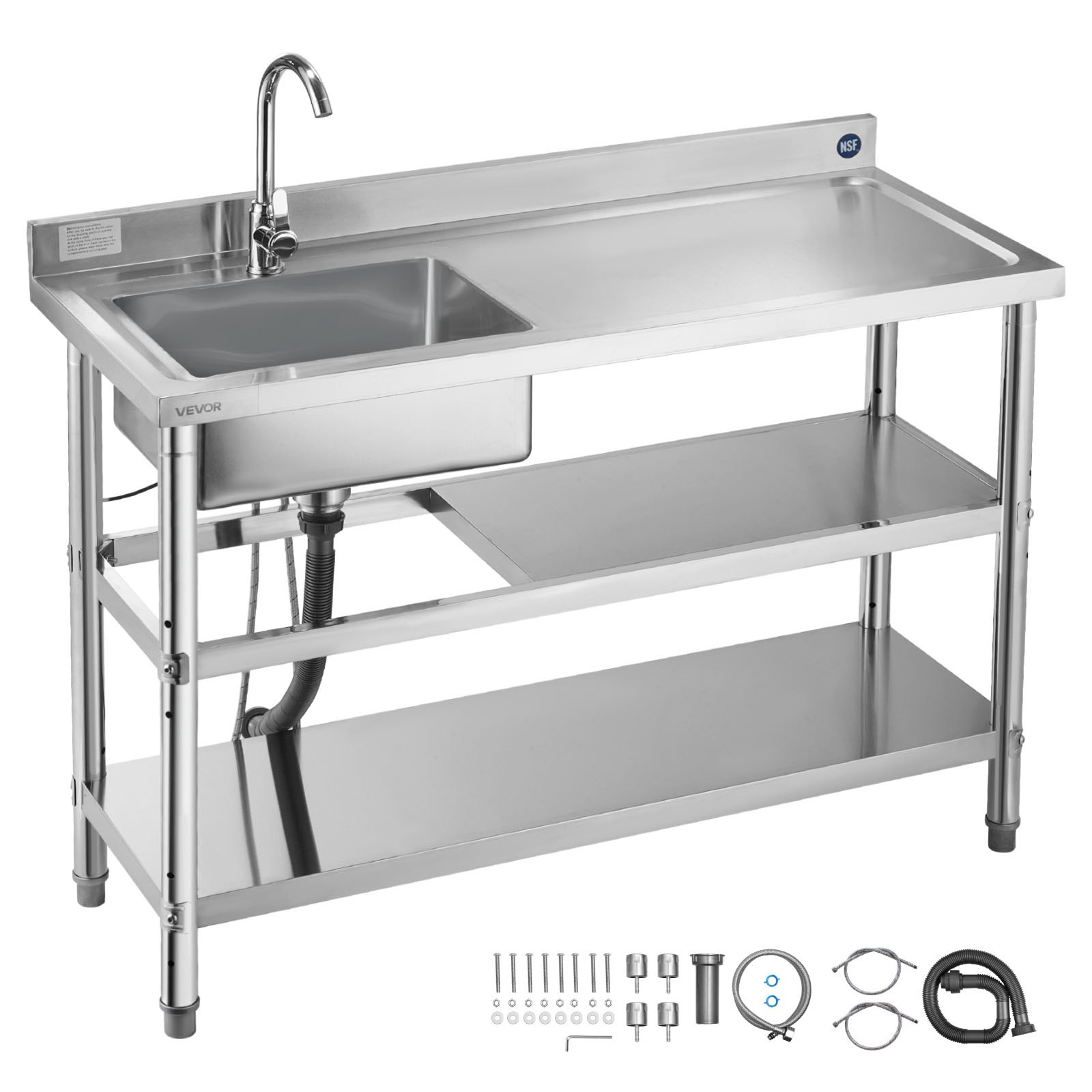 VEVOR Stainless Steel Utility Sink, Free Standing Single Bowl Commercial Kitchen Sink with Faucet and Hot & Cold Water Pipe, Dual Storage Shelves for Garage, Restaurant, Laundry, 1200 x 500 x 940 mm